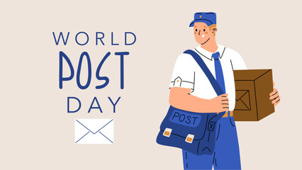 Festive banner for World Post Day. Postman in uniform with a large mail bag and a parcel in his hands. Delivery of orders. Vector illustration isolated on a transparent background.