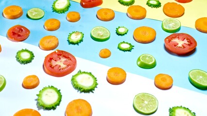 Fresh organic healthy fruits and vegetables decorated on colourful background
