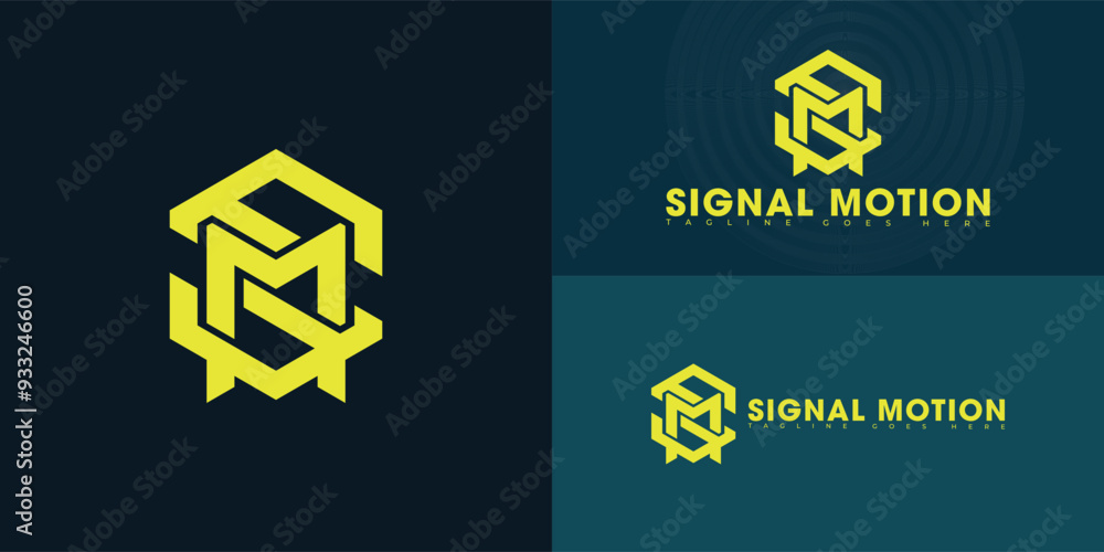 Poster abstract hexagon initial letter sm or ms in yellow color isolated on multiple background colors. the