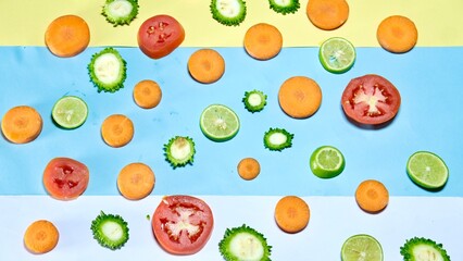 Fresh organic healthy fruits and vegetables decorated on colourful background