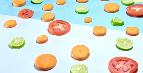 Fresh organic healthy fruits and vegetables decorated on colourful background