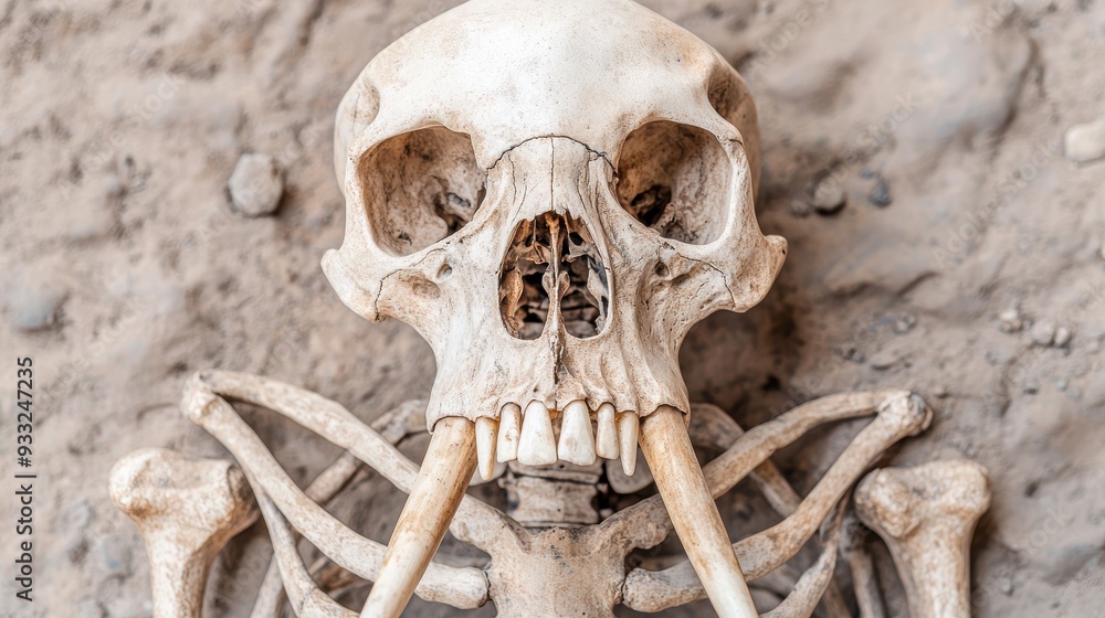 Poster intricate elephant skeleton: detailed tusk and trunk bone structures with copy space, 8k high resolu