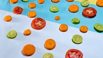 Fresh organic healthy fruits and vegetables decorated on colourful background