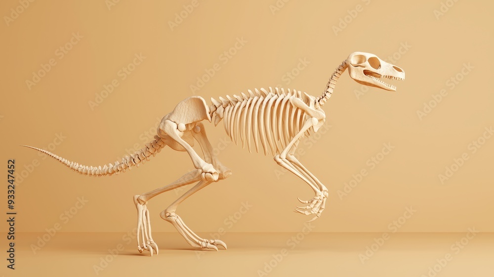 Poster kangaroo skeleton in dynamic jumping pose with leg and tail bones revealed, copy space for text. hig