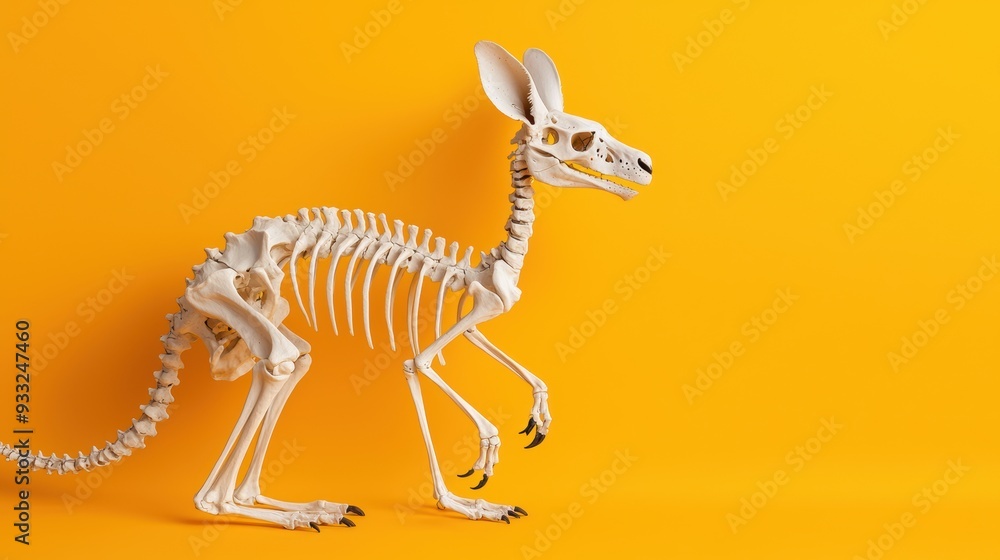 Poster agile kangaroo skeleton demonstrating leg and tail bone dynamics with copy space, high detail 8k ima