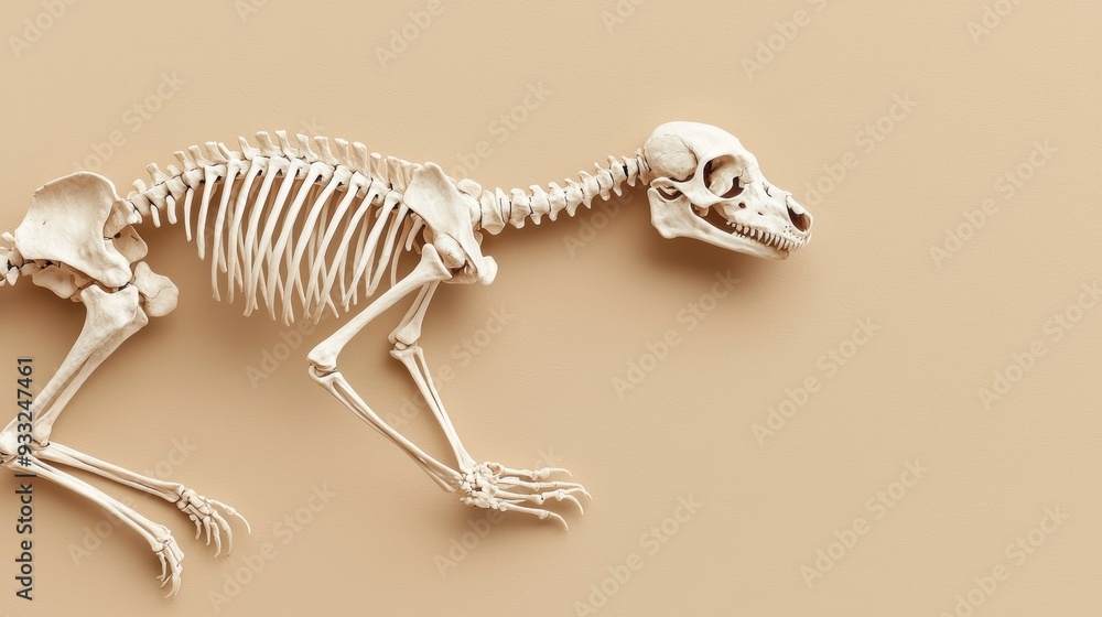 Poster dynamic kangaroo skeleton in jumping pose - detailed leg and tail bones structure. copy space availa