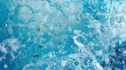 Obraz premium Transparent blue clear water surface texture with ripples, splashes and bubbles. Abstract summer banner background Water waves in sunlight with copy space Cosmetic moisturizer micellar toner emulsion.