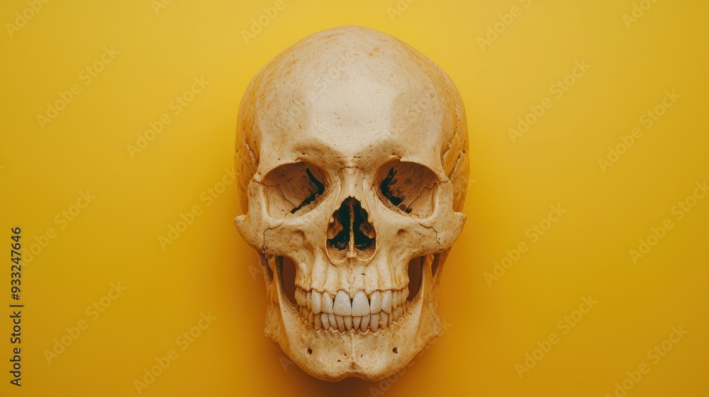 Poster evolutionary exploration: human skull with exaggerated cranial features in high detail for hypotheti