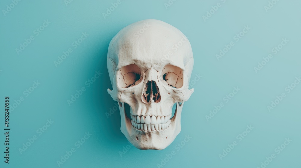 Poster evolutionary speculation: human skull with exaggerated cranial features in high detail for scientifi