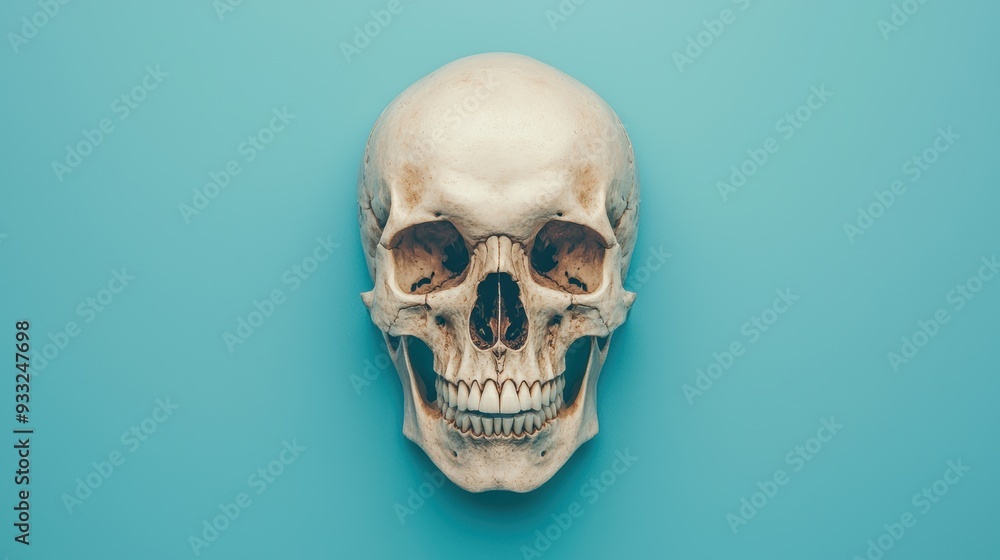 Poster fanciful evolution: human skull with exaggerated cranial features in 8k detail with copy space for t
