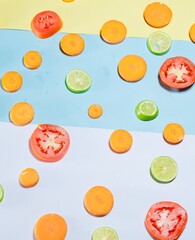 Fresh organic healthy fruits and vegetables decorated on colourful background