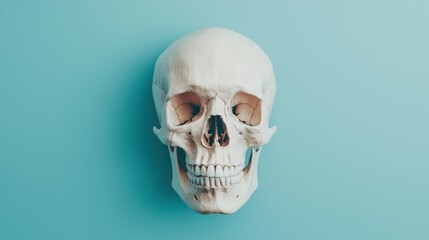 Fototapeta premium Evolutionary Speculation: Human Skull with Exaggerated Cranial Features in High Detail for Scientific Exploration and Futuristic Concepts with Copy Space, 8K Resolution