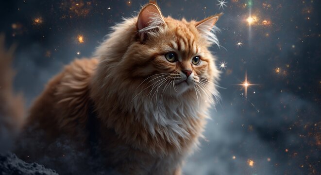 Cute animal wallpaper collection, Stargazing maine coon, Majestic long haired cat contemplates cosmic wonders under night sky