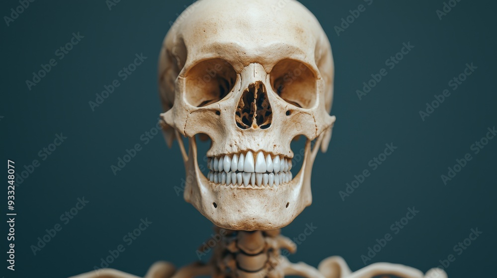 Poster evolutionary exploration - artistic representation of hominid skeleton with exaggerated traits on co