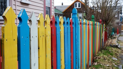 A colorful picket fence with various bright colors in a residential neighborhood.