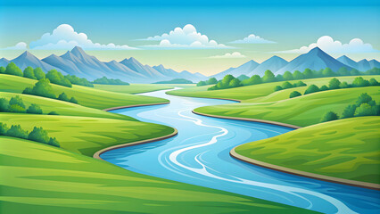 Simple flat vector illustration as Clear river flowing through a green valley in summer concept as A serene river flowing through a lush green valley under a bright summer sky ideal for business prese