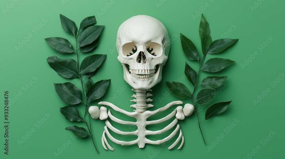 Poster surreal skeleton fusion with nature - intricate branch and leaf bones, copy space for text, 8k ultra