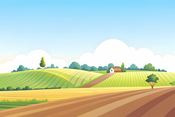 Simple flat vector illustration as Clear river flowing through a green valley in summer concept as A serene river flowing through a lush green valley under a bright summer sky ideal for business prese