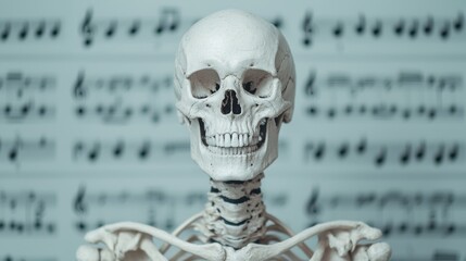 Fototapeta premium Melodic Skeleton - Conceptual Image of Human Skeleton Intertwined with Musical Notes Symbolizing Harmony and Rhythm, Copy Space Available for Text, High Detail 8K Resolution