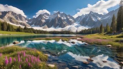 Majestic mountains towering over a crystal-clear lake, their snow-capped peaks reflected perfectly in the still water, surrounded by lush pine forests and wildflowers.