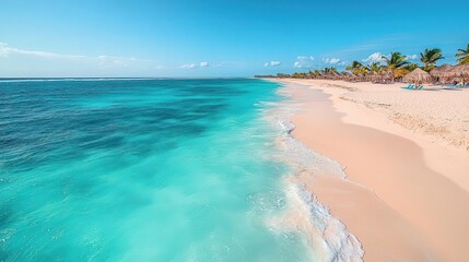 aerial view of pristine punta cana beach turquoise waters white sand palm trees luxury resorts tropical paradise vibrant colors vacation destination
