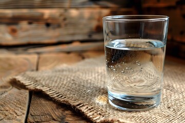 Clear Glass of Water on Rustic Burlap Cloth with Wooden Background for Cozy Kitchen Decor