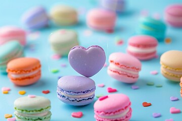 Close-up of colorful heart-shaped macarons levitating on blue background , created ai