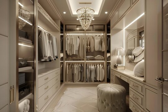 Walk-in closet in an apartment in glam style with silver tones , created by ai