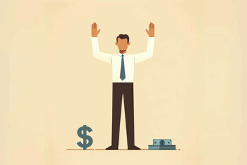 Obraz premium a businessman raises both hands between piles of money as a sign of surrender to the company's target