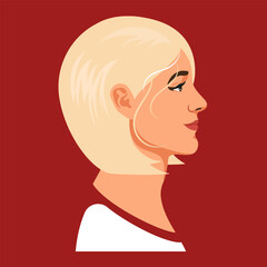 Profile of a Blonde Woman in a White Shirt on a Red Background. Vector Illustration.