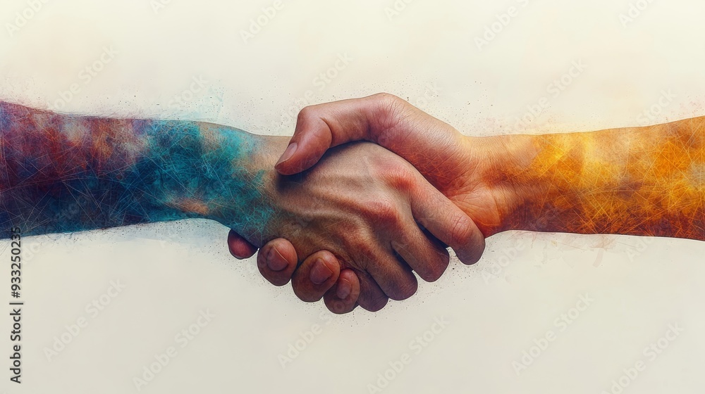 Poster hands joined in a handshake, representing unity and collaboration, with vibrant colors enhancing the