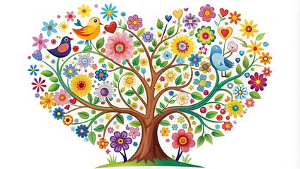 Fototapeta premium Vibrant colorful illustration of a family tree with blooming flowers and birds surrounding a central heart symbolizing love and unity between parents and children.
