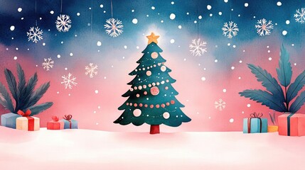 Obraz premium Cozy Christmas scene, decorated tree, snowflakes in the air, warm holiday cheer, Watercolor style