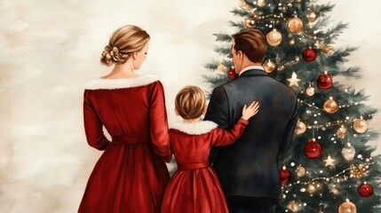 Obraz premium Family gathering around a sparkling tree, timeless Christmas charm, festive ambiance, Watercolor style