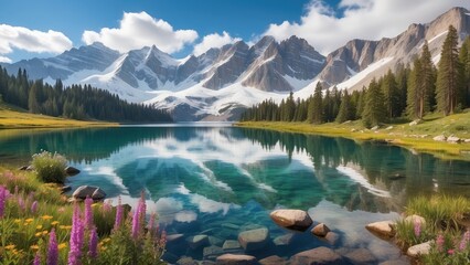 Majestic mountains towering over a crystal-clear lake, their snow-capped peaks reflected perfectly in the still water, surrounded by lush pine forests and wildflowers.