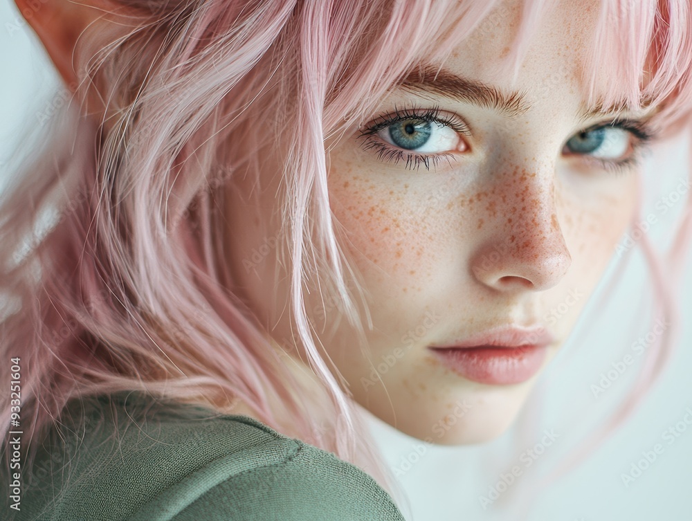 Sticker close-up portrait of a woman with pink hair