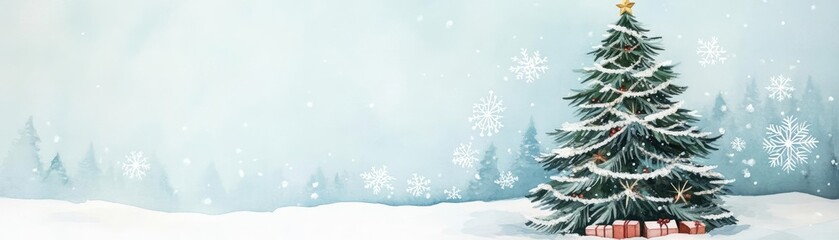Obraz premium Festive Christmas tree, snowy landscape, joyful cheer, intricate snowflakes, Watercolor style