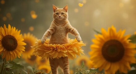 Cute animal wallpaper collection, Sunflower cat ballerina, Ginger feline in tutu amid golden blooms and falling petals