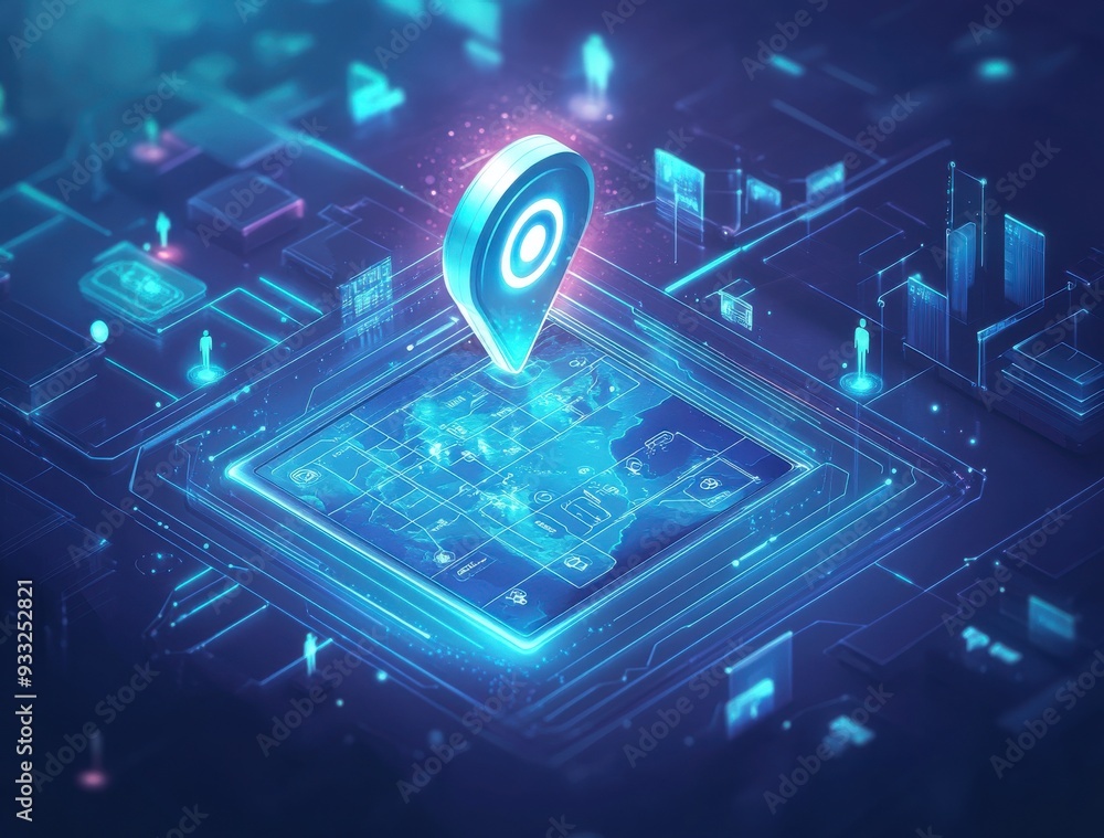 Poster futuristic map interface with glowing location pin and digital holographic details representing navi