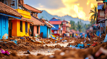 Flooded village street with colorful houses and muddy debris at sunset