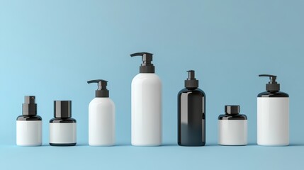Minimalist Arrangement of Black and White Cosmetic Bottles on Blue Background