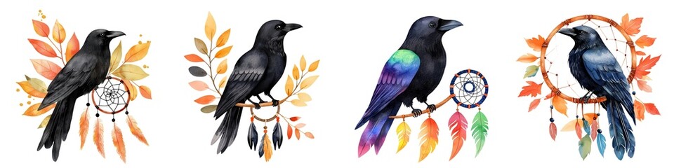 Obraz premium A collection of artistic crow illustrations featuring vibrant colors and dreamcatchers, perfect for nature and fantasy themes.