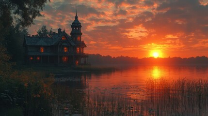 Obraz premium A serene sunset over a lake with a vintage house silhouette.