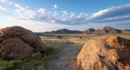 Obraz premium Vast desert landscape with rugged mountains and dramatic sky