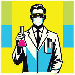 A chemist wearing a lab coat and glasses is holding a chemical flask. Vector illustration
