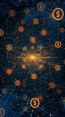 Obraz premium Visual representation of interconnected financial network with glowing dollar symbols, illustrating modern finance and digital transactions.