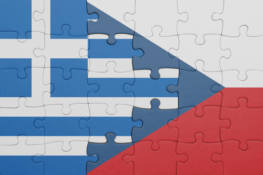 puzzle with the colourful national flag of czech republic and flag of greece.