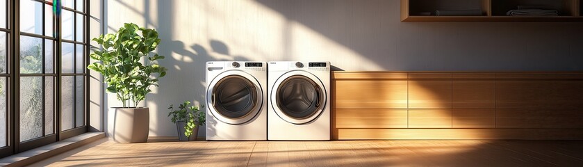 Modern Laundry Room with Sunlit Washer and Dryer Next to Large Window and Green Plants