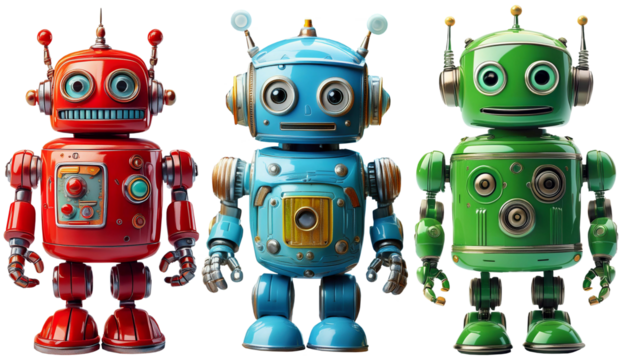 Red, green and blue retro vintage old classic robot with antennas, metallic antique tin machine, childhood technology 70s 80s. Isolated on white or transparent background. Png. Generative Ai.