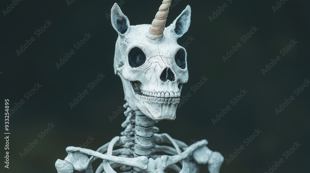 Poster enchanted unicorn skeleton with intricately detailed horn and unique anatomy on dark background with